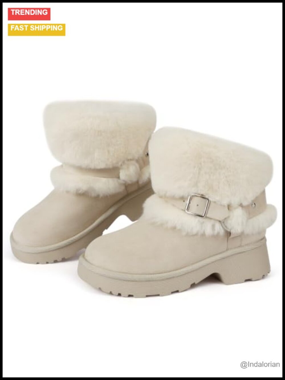 Faux Suede Faux Fur Lined Winter Boots Block Heel Platform Buckle